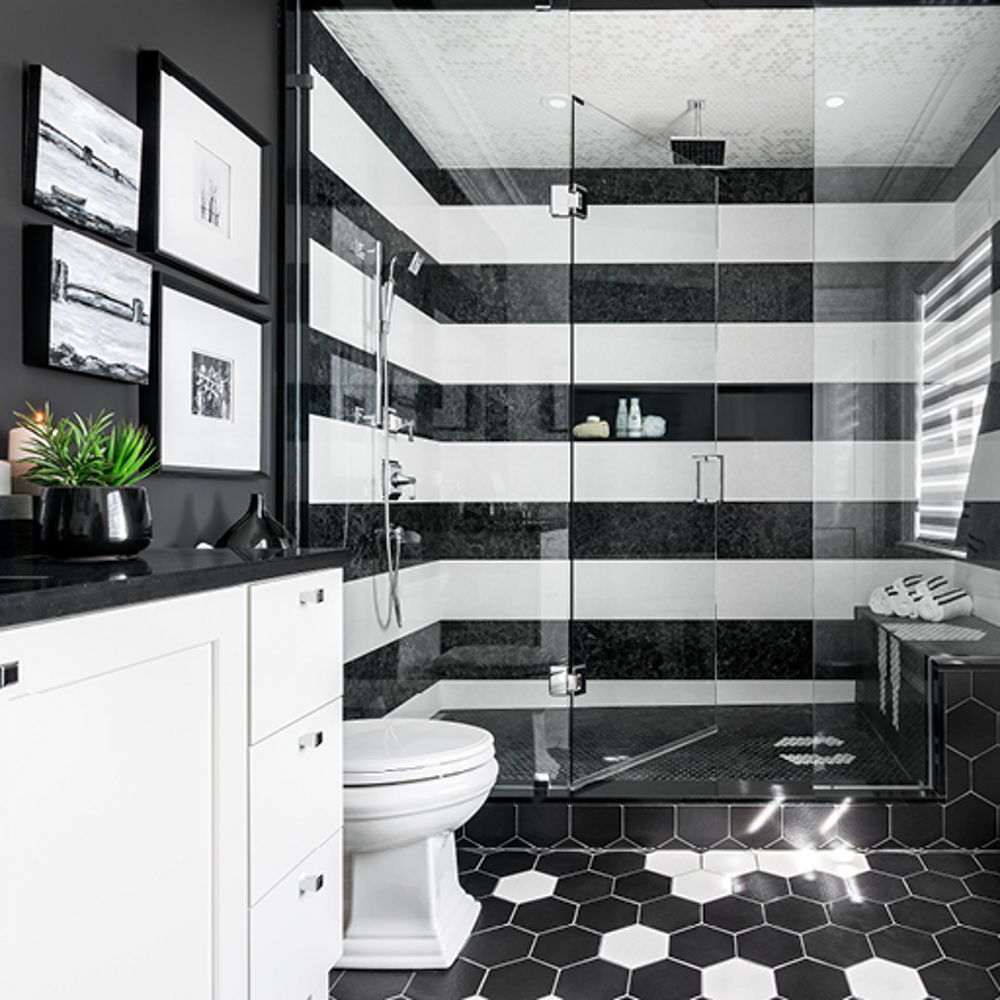Cambria Sharpham™ and Newport™ quartz bathroom vanity and shower wall