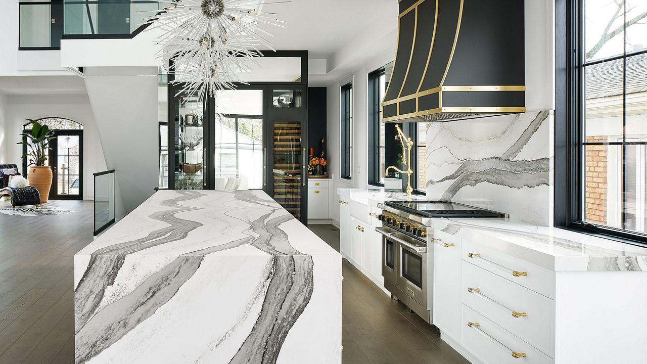 Cambria Skara Brae quartz countertops and backsplash in kitchen