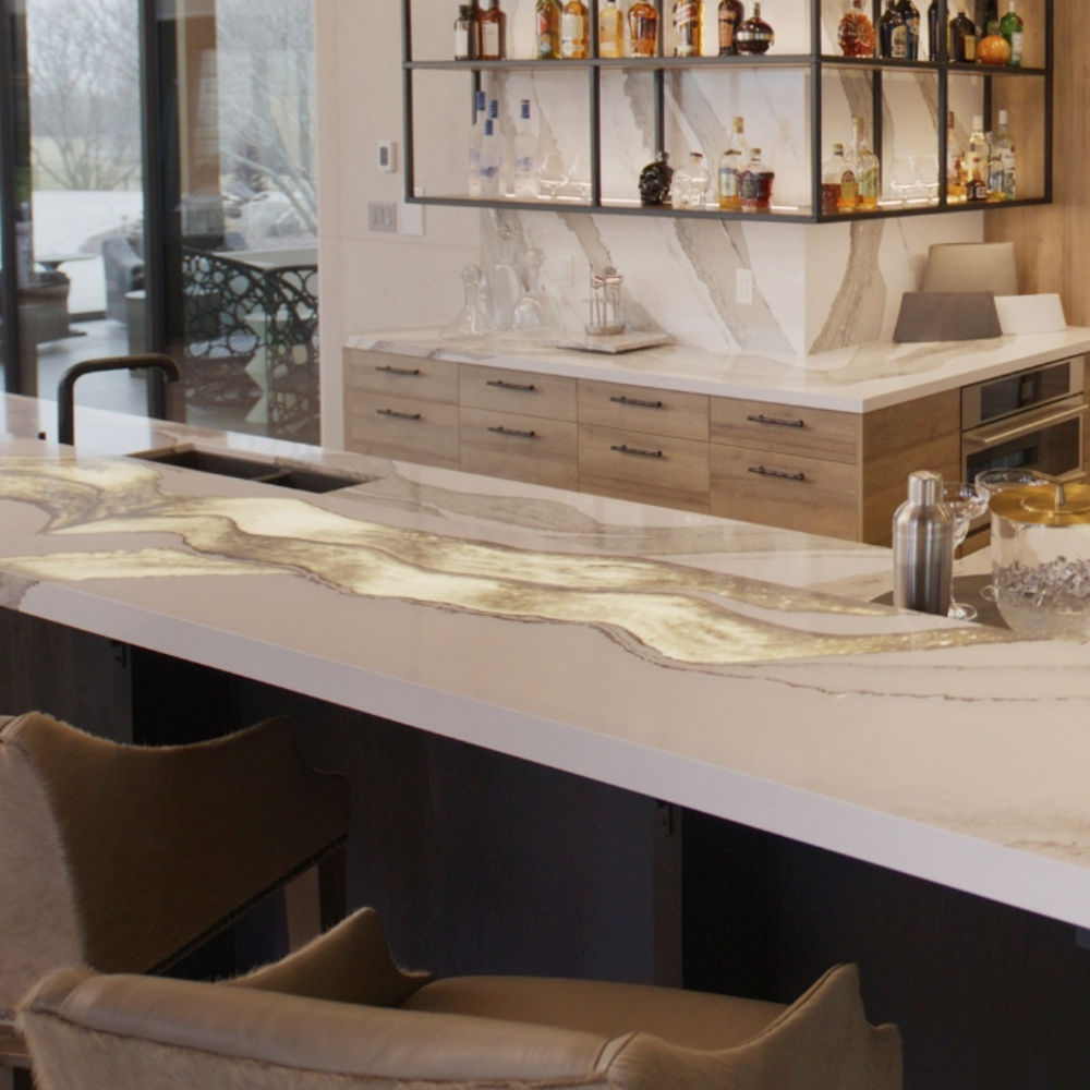 Cambria Skara Brae quartz bar countertop and backsplash