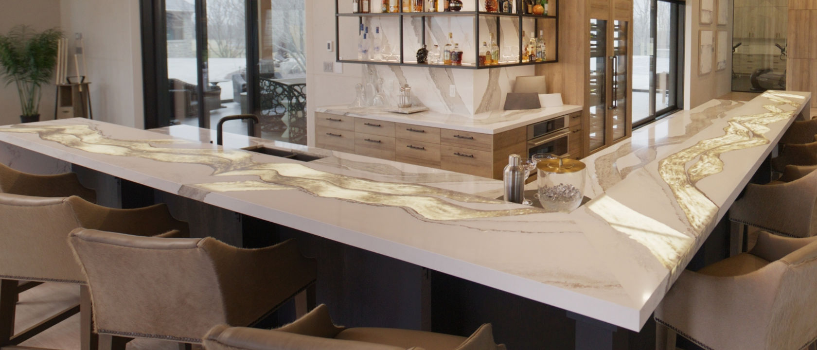 Cambria Skara Brae quartz bar countertop and backsplash