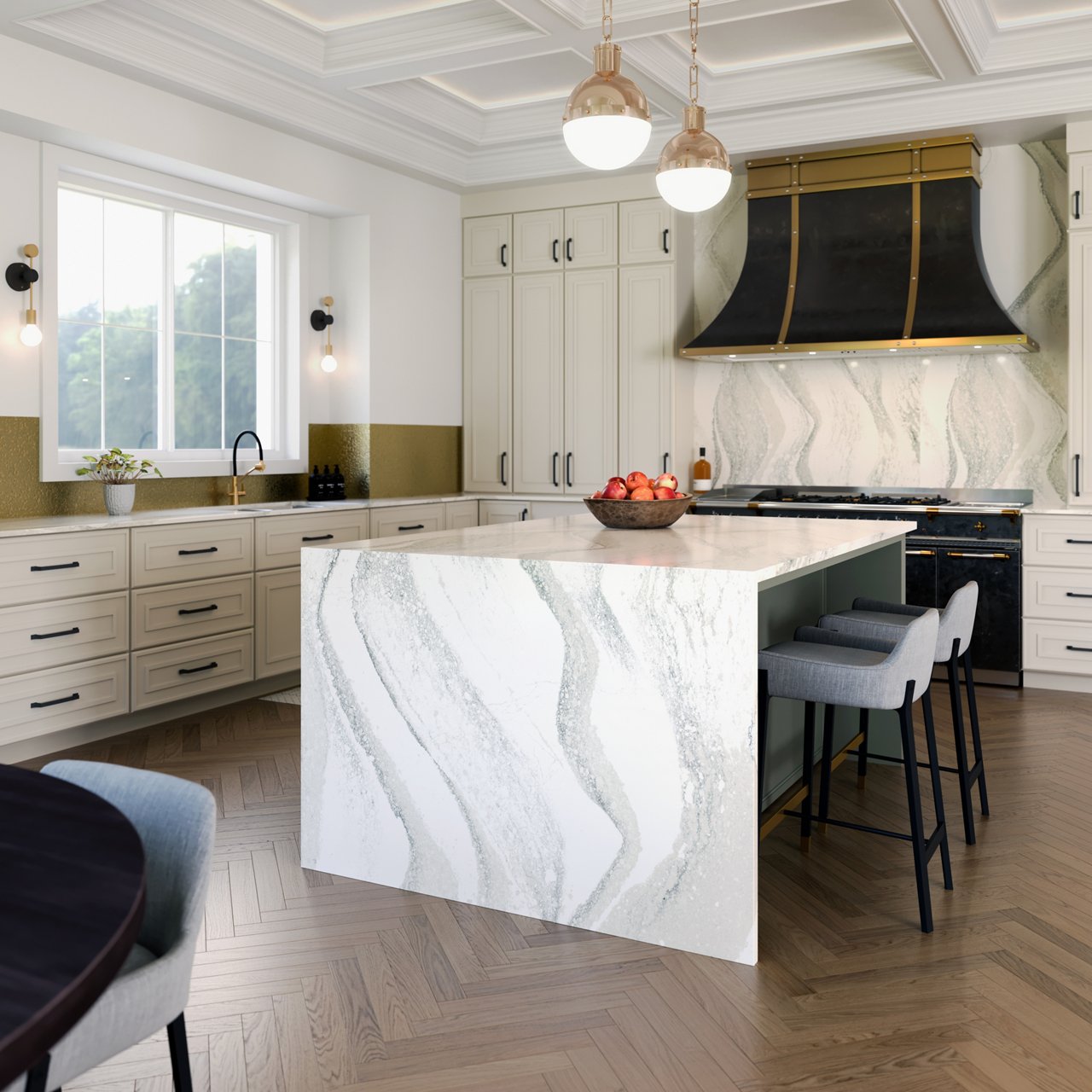 A modern kitchen with a double waterfall edge island made from white quartz, matching white quartz backsplash, white cabinets, and black and gold accents throughout.