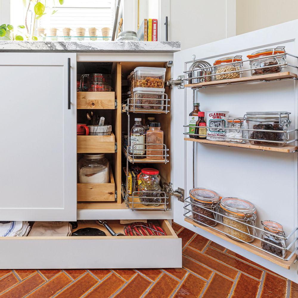 Kitchen cabinet storage with Southport countertops.