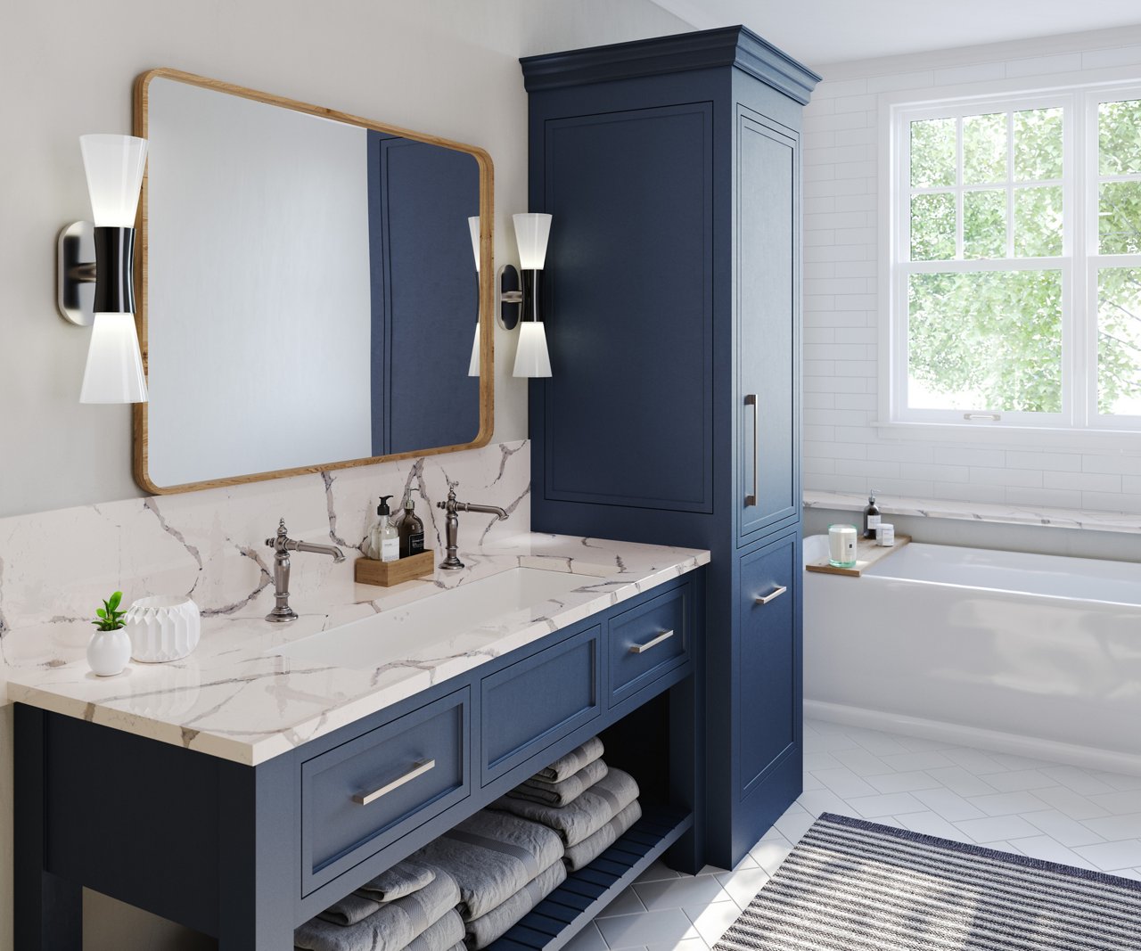 Summerbrook quartz vanity in a bathroom with blue cabinets
