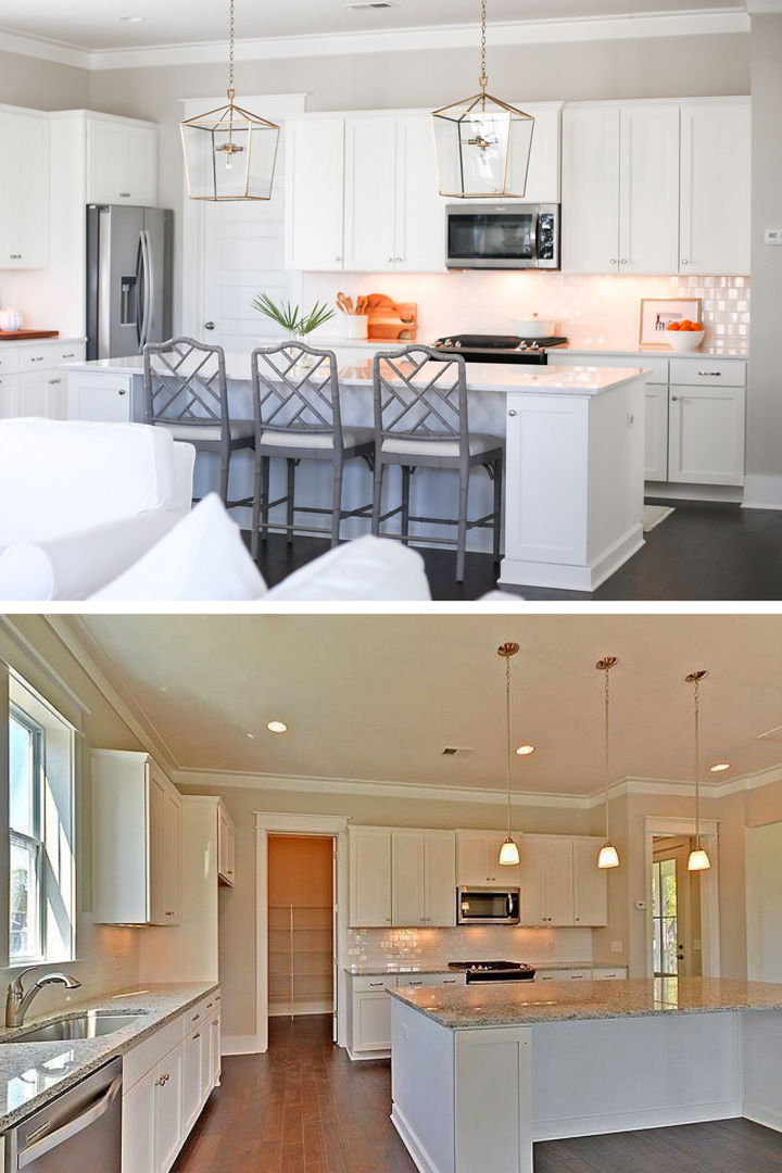 Two images - the top one of a white kitchen with the lower image utilizing Cambria Swanbridge quartz in its countertops.