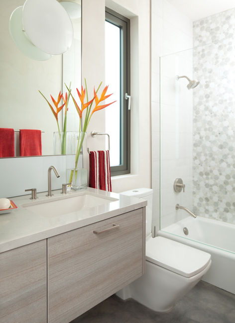 A bathroom with a Templeton quartz vanity