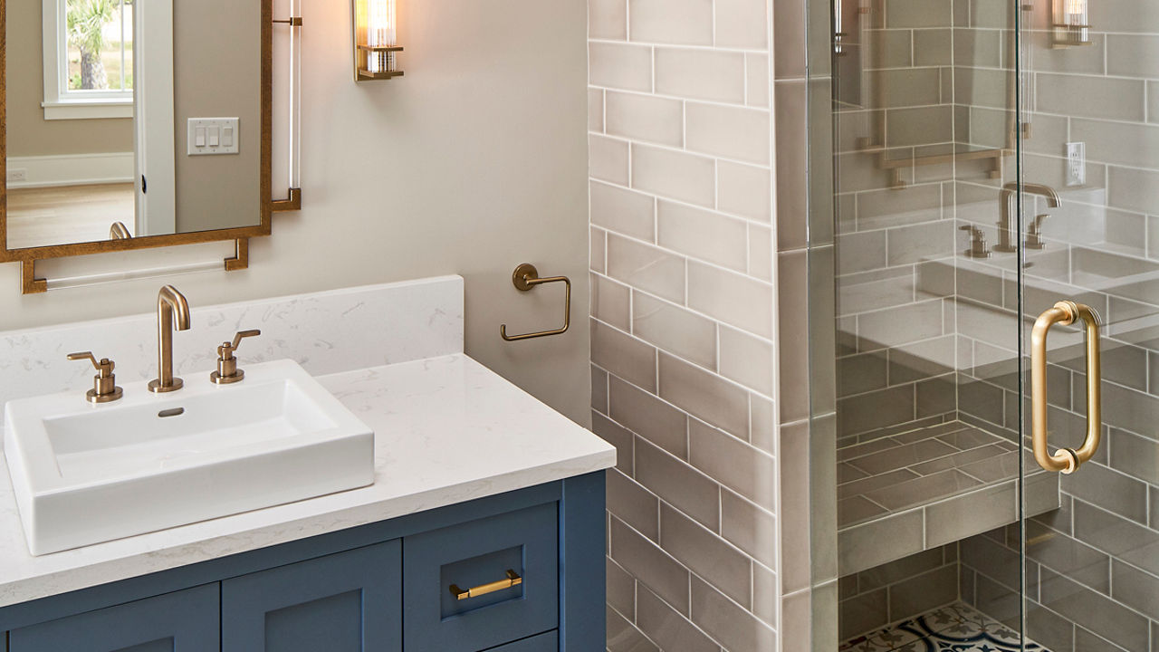 Blue Bathroom Vanity with Torquay Quartz Countertop