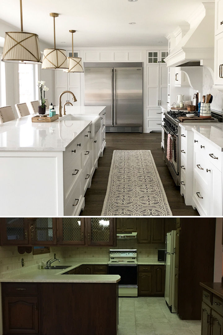 Two photos. The top photo shows a luxurious kitchen with Cambria Torquay quartz countertops. The bottom photo shows the same kitchen before being renovated.