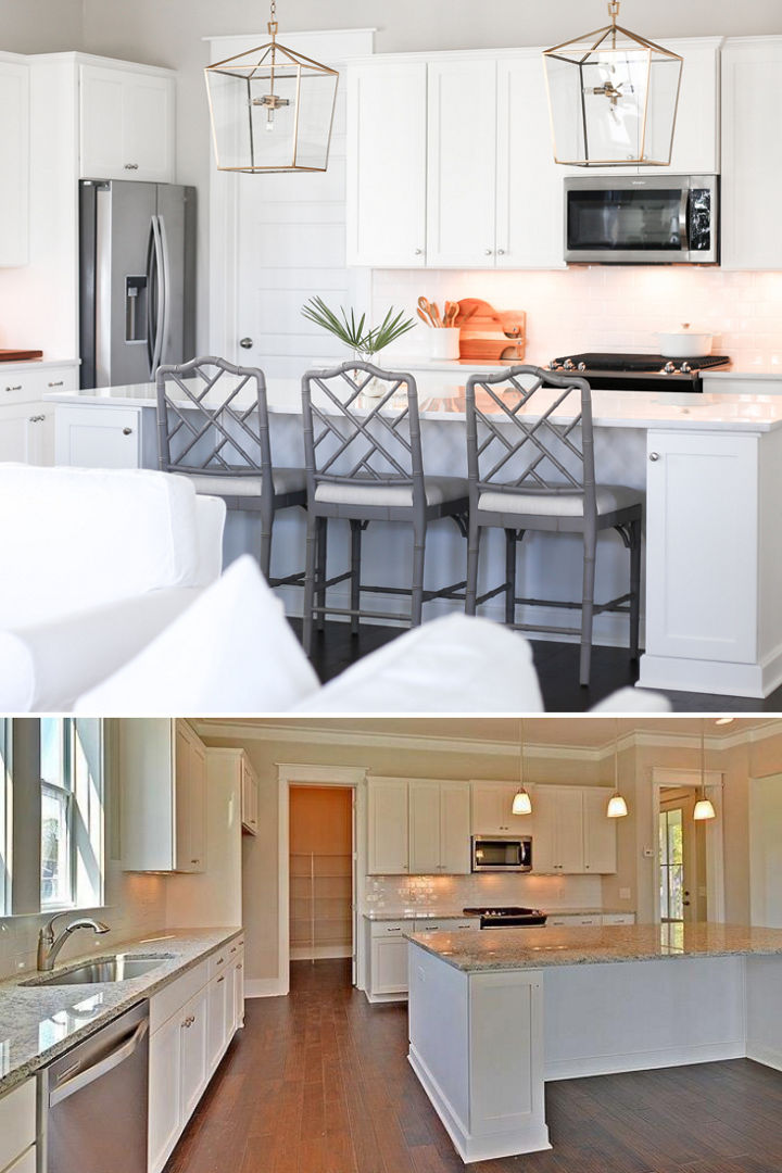 Two photos. The top photo features a white kitchen with Swanbridge countertops. The bottom photo shows the same kitchen before being renovated.