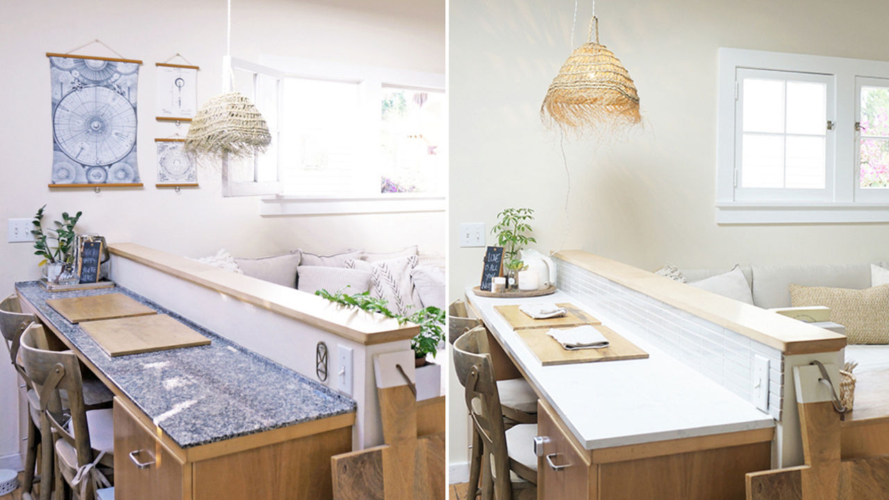 Two images side-by-side. The left image features a kitchen counter with Cambria Torquay quartz. The right image shows the same kitchen counter with dark granite that was replaced.