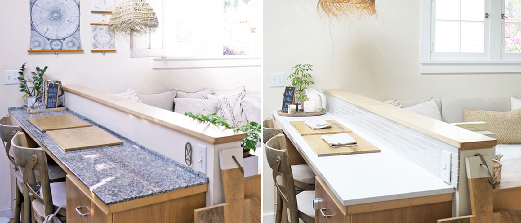 Two images side-by-side. The left image features a kitchen counter with Cambria Torquay quartz. The right image shows the same kitchen counter with dark granite that was replaced.