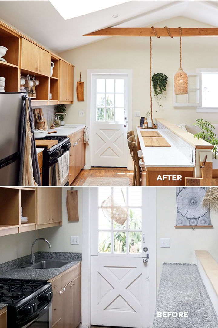 Two images. The below images in before a kitchen renovation. The above photo depicts a kitchen after the renovation.