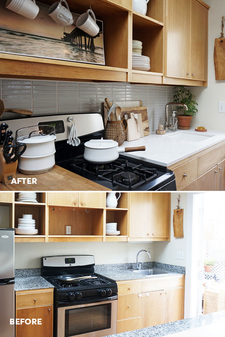 Two photos showcasing a before and after kitchen renovation. The below photo shows before a renovation and the above photo is after the renovation.