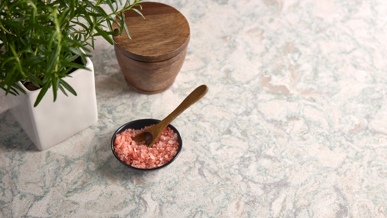 a close up view of Cambria's Trafalgar™ quartz countertops.