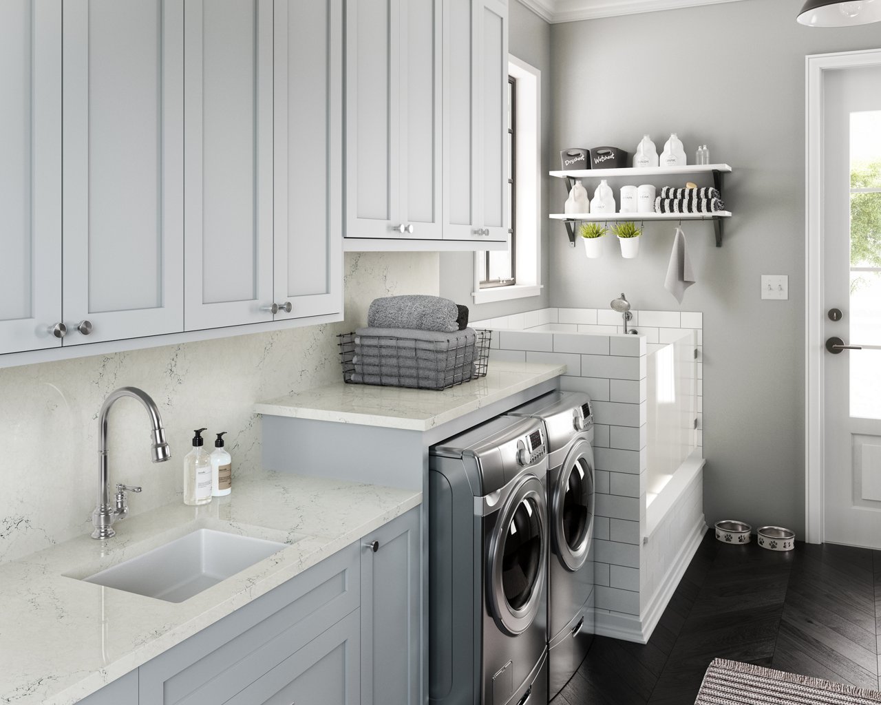 Travella quartz countertops in a light toned laundry room