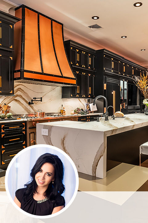 Vanessa DeLeon's headshot with background image of kitchen featuring Vanessa's design