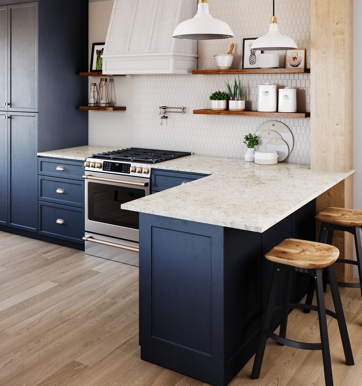 Light and dark toned kitchen with Warwick quartz countertops