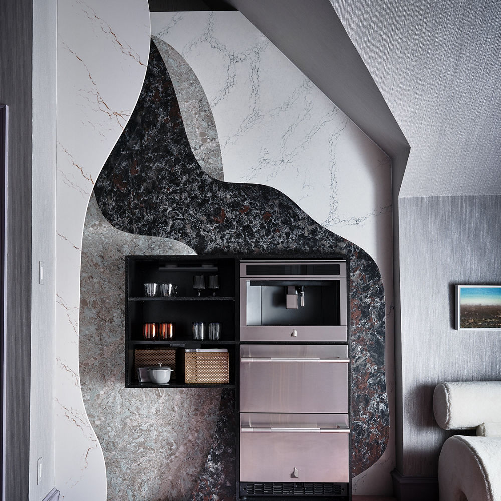 An abstract living room with purple carpet and quartz wall cladding of Westminster, Kelvingrove, Inverness Gold and Sutherland