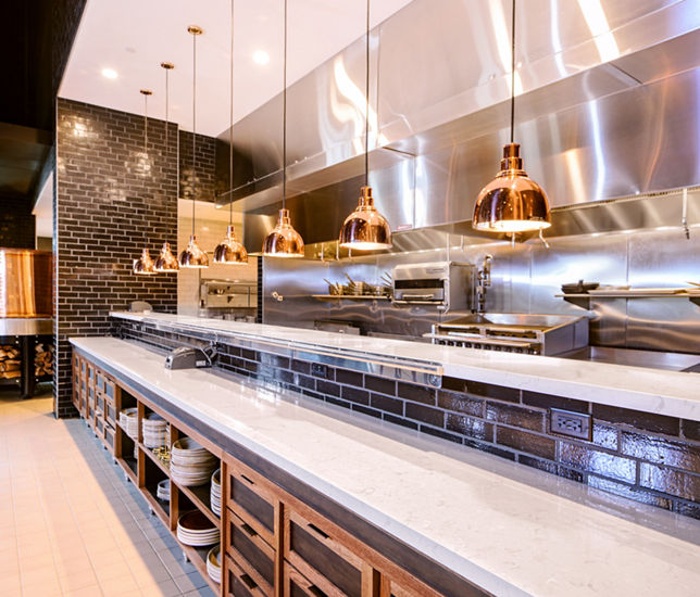 Weybourne Quartz Slab inside of a cafeteria at the Omni Viking Lakes Hotel.