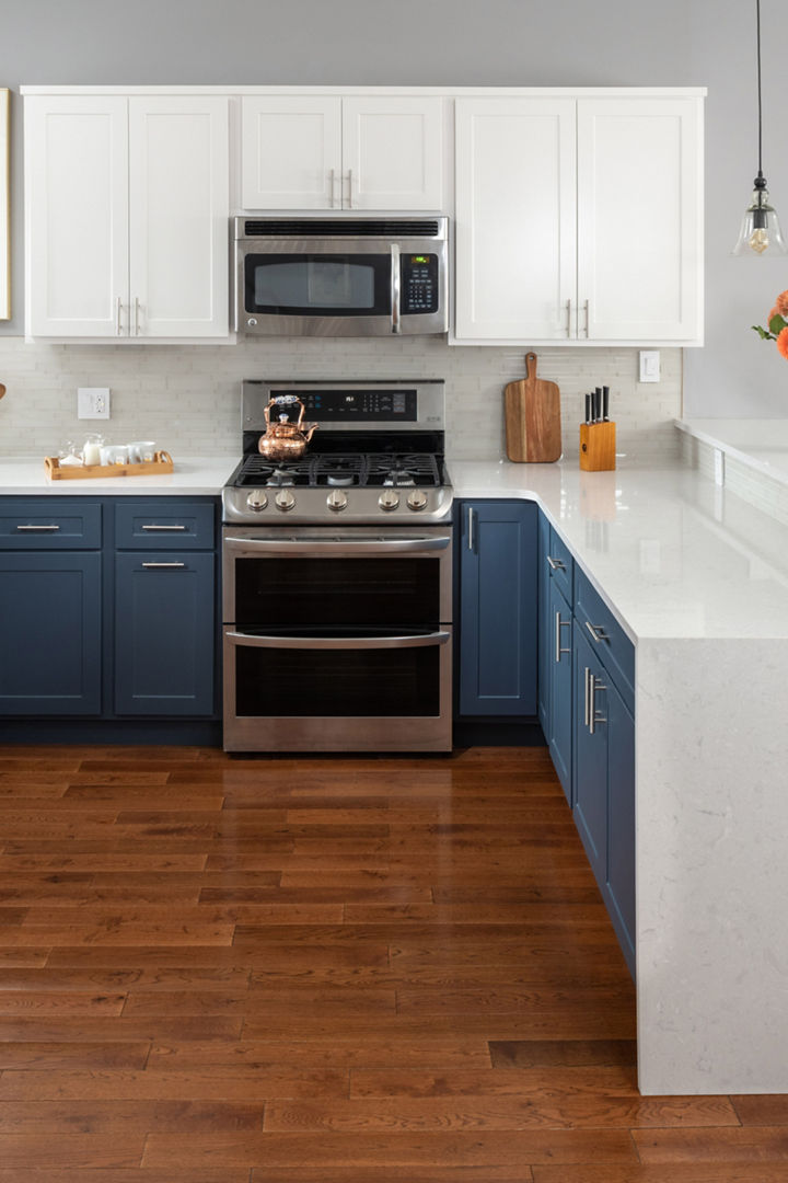 Cambria Waybourne quartz kitchen countertops in 'after' photo of kitchen countertop update