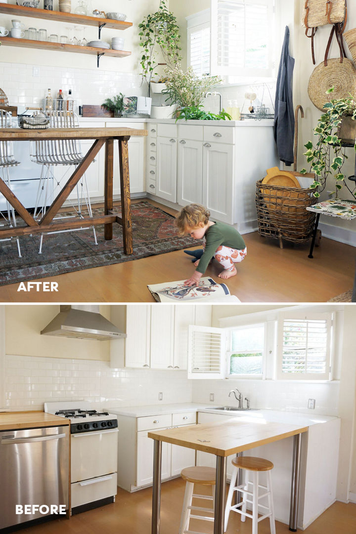 Two photos. The bottom photo depicts a kitchen before a renovation. The above photo depicts a kitchen after being renovated.