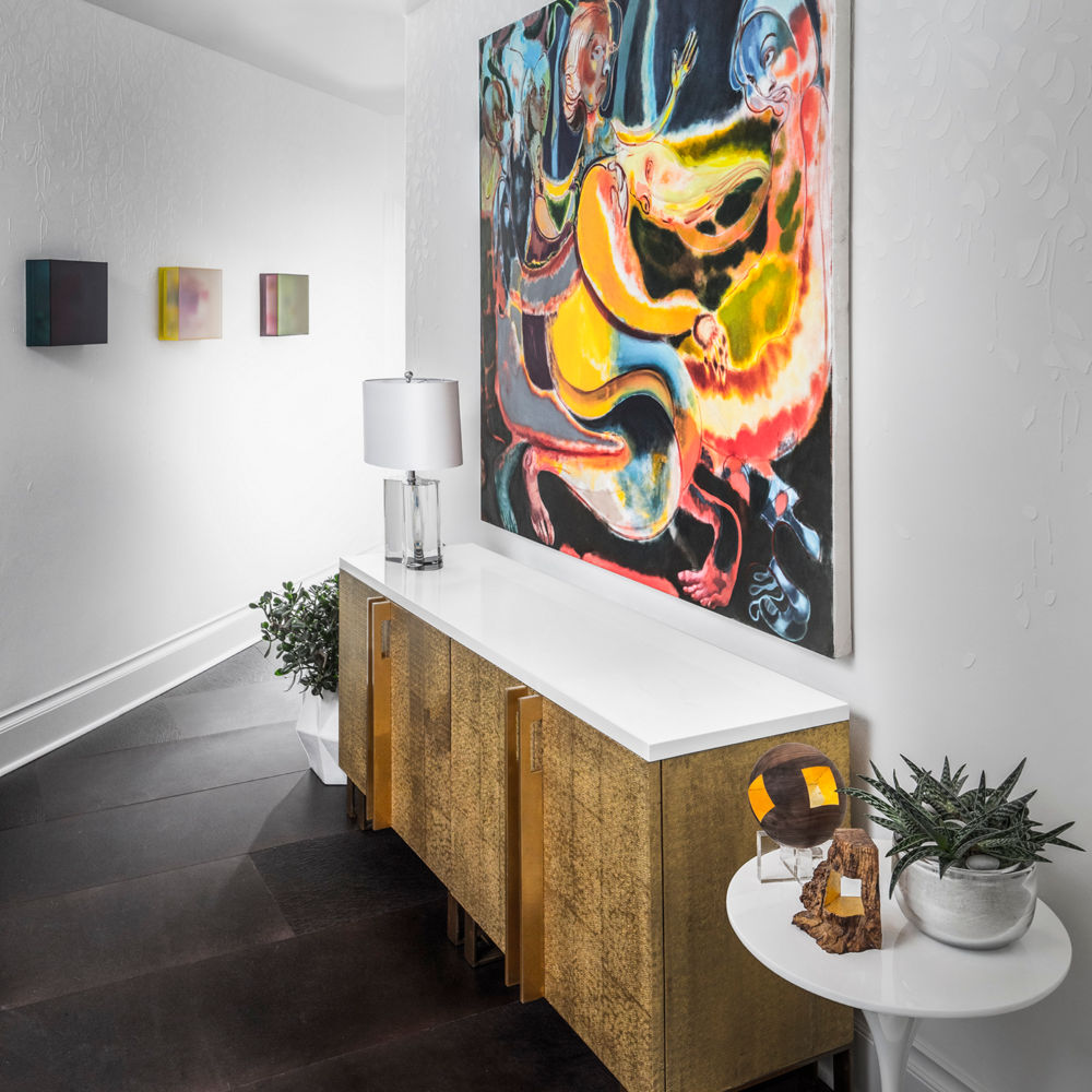 Custom media console topped with Cambria White Cliff™.