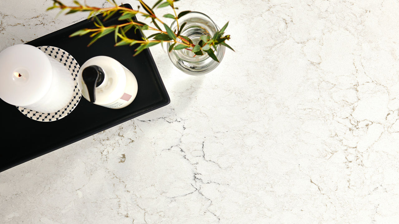 overhead view of Cambria Whitendale quartz countertops.