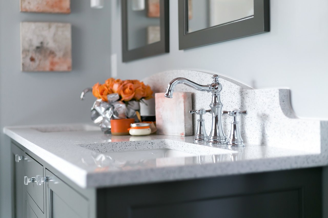 Bathroom featuring Cambria Whitney countertops