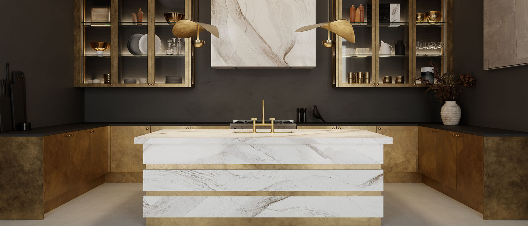 Kitchen featuring gold cabinets, a black counter, and an island featuring Cambria Windsor Brass Satin Ridge quartz siding and countertops.