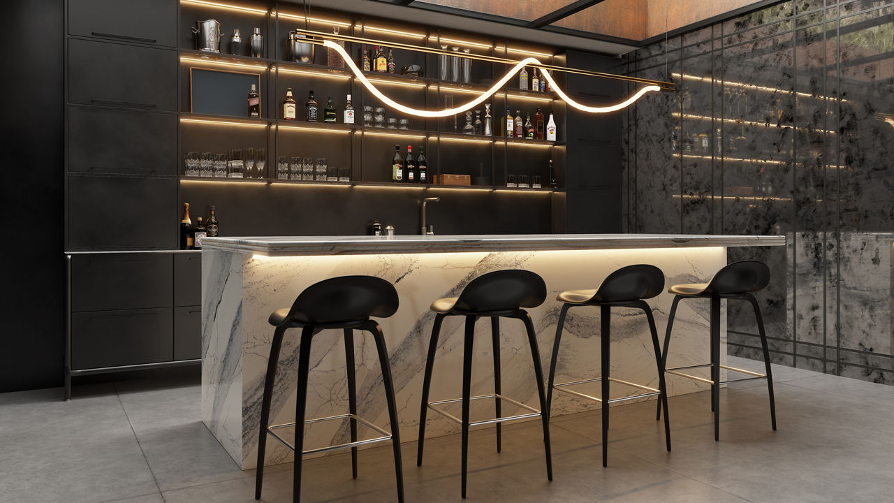 Bar with four black stools in front of a counter with a Cambria Windsor Steel Satin Ridge siding and countertop.