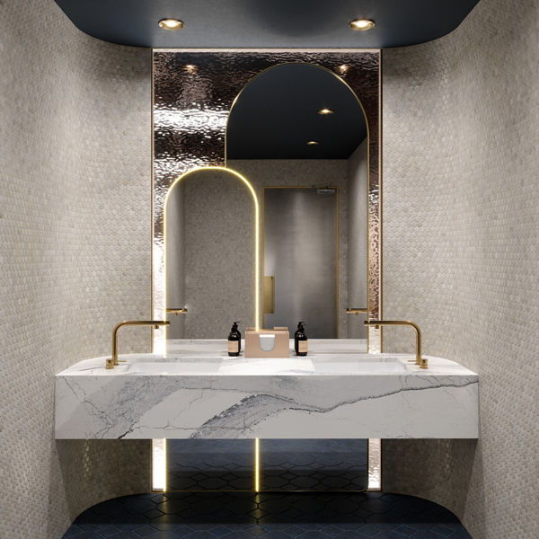 Cambria Windsor Steel Satin Ridge quartz bathroom vanity