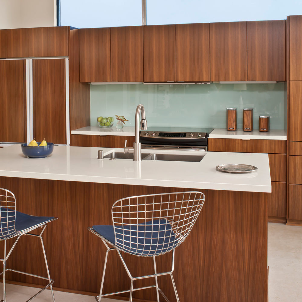 A Mad Men TV show themed kitchen with Cambria Winterbourne Quartz Countertops 