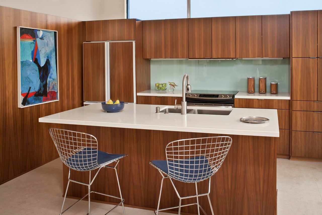 A Mad Men TV show themed kitchen with Cambria Winterbourne Quartz Countertops 