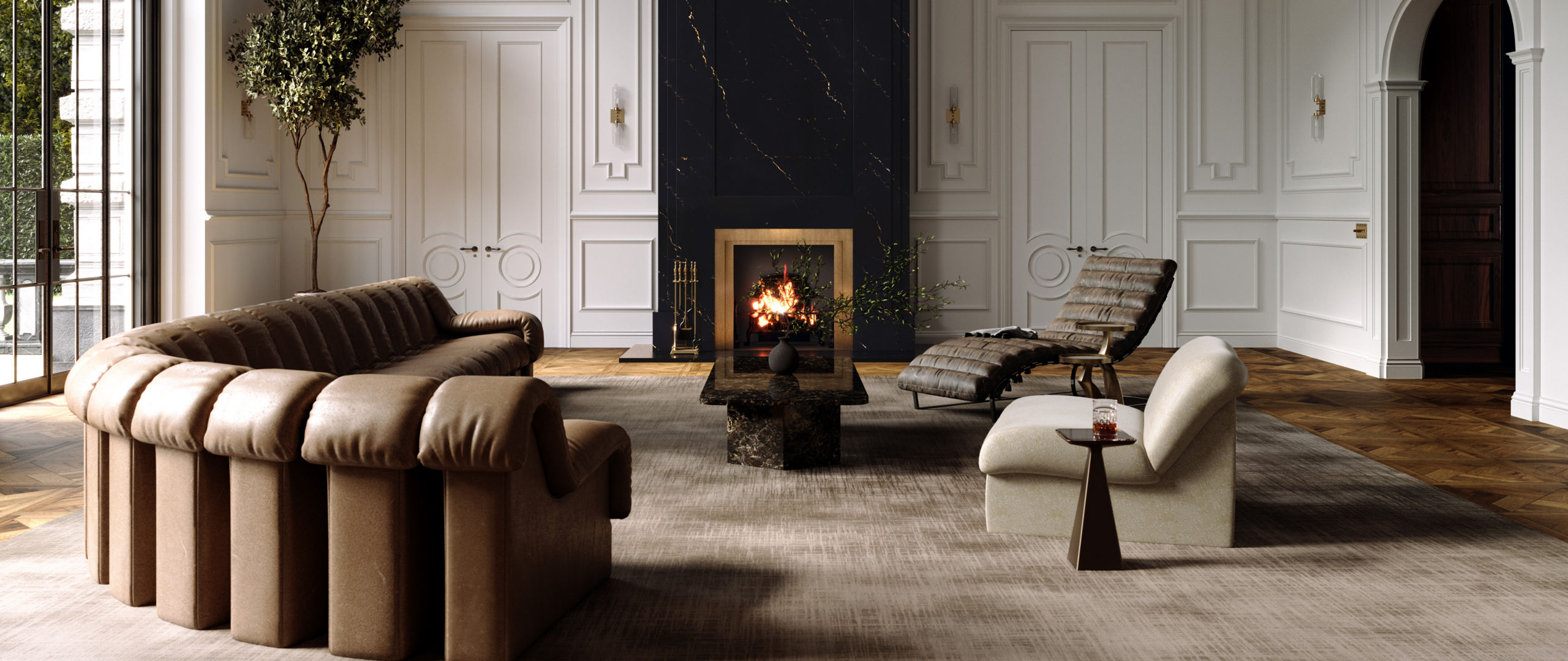 a stunning living room with white wall panels, a floor-to-ceiling black quartz fireplace, and neutral decorations.