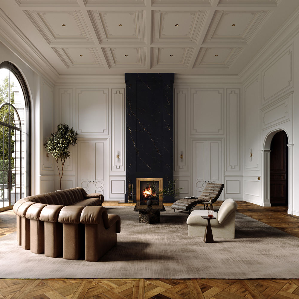 a stunning living room with white wall panels, a floor-to-ceiling black quartz fireplace, and neutral decorations.