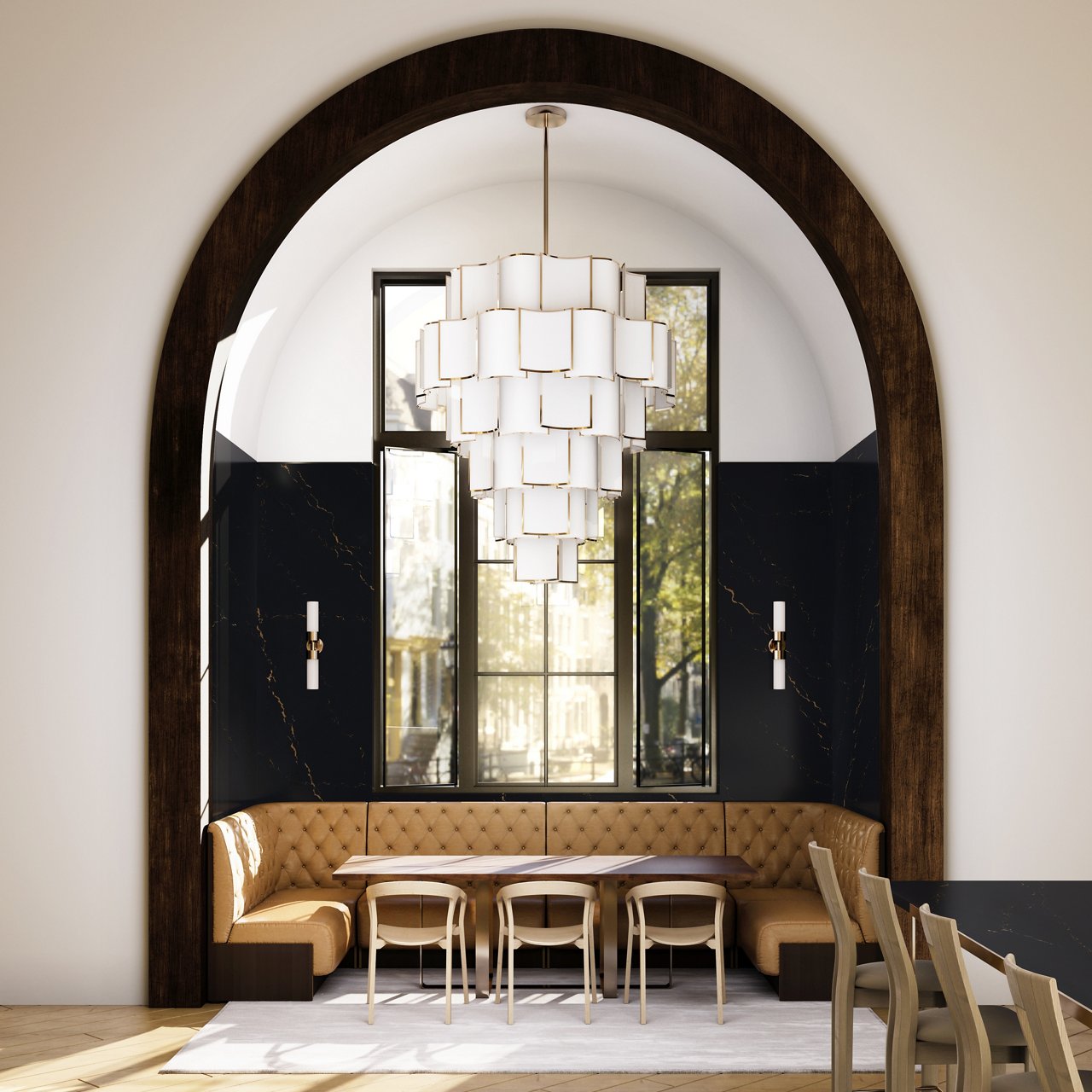 A restaurant booth with a Woodcroft quartz surrounding wall 